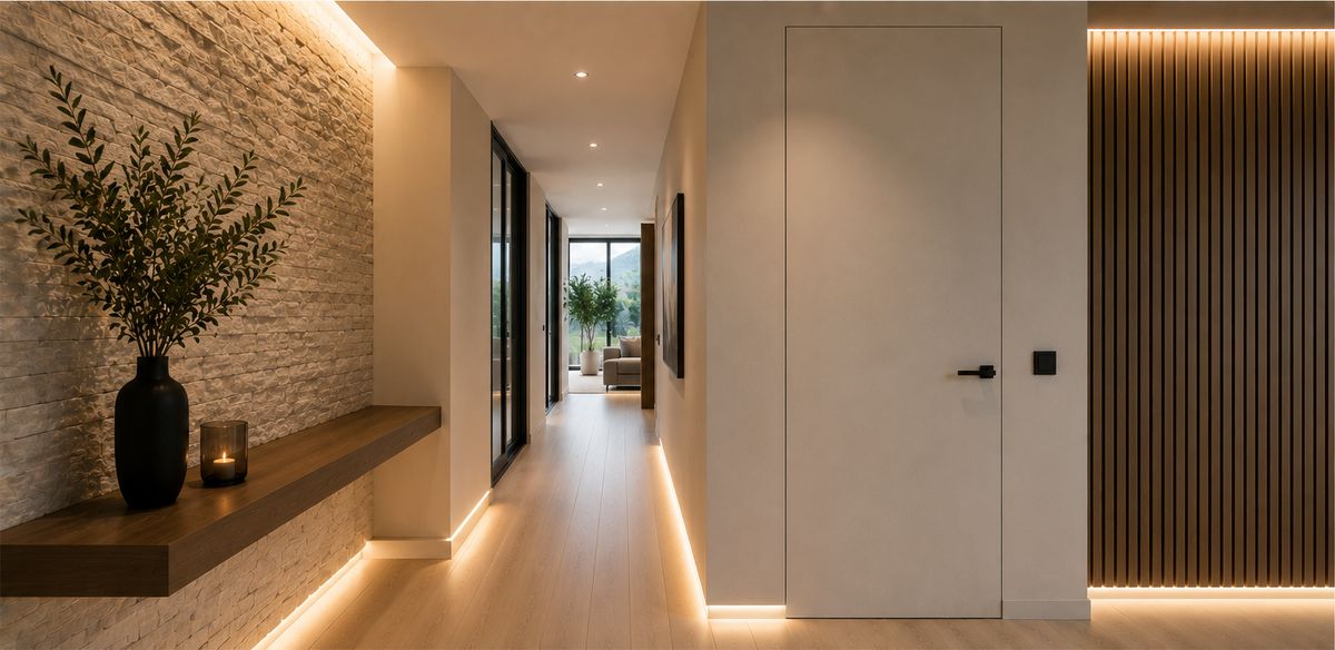 Detalle interior con iluminación indirecta, piedra y madera